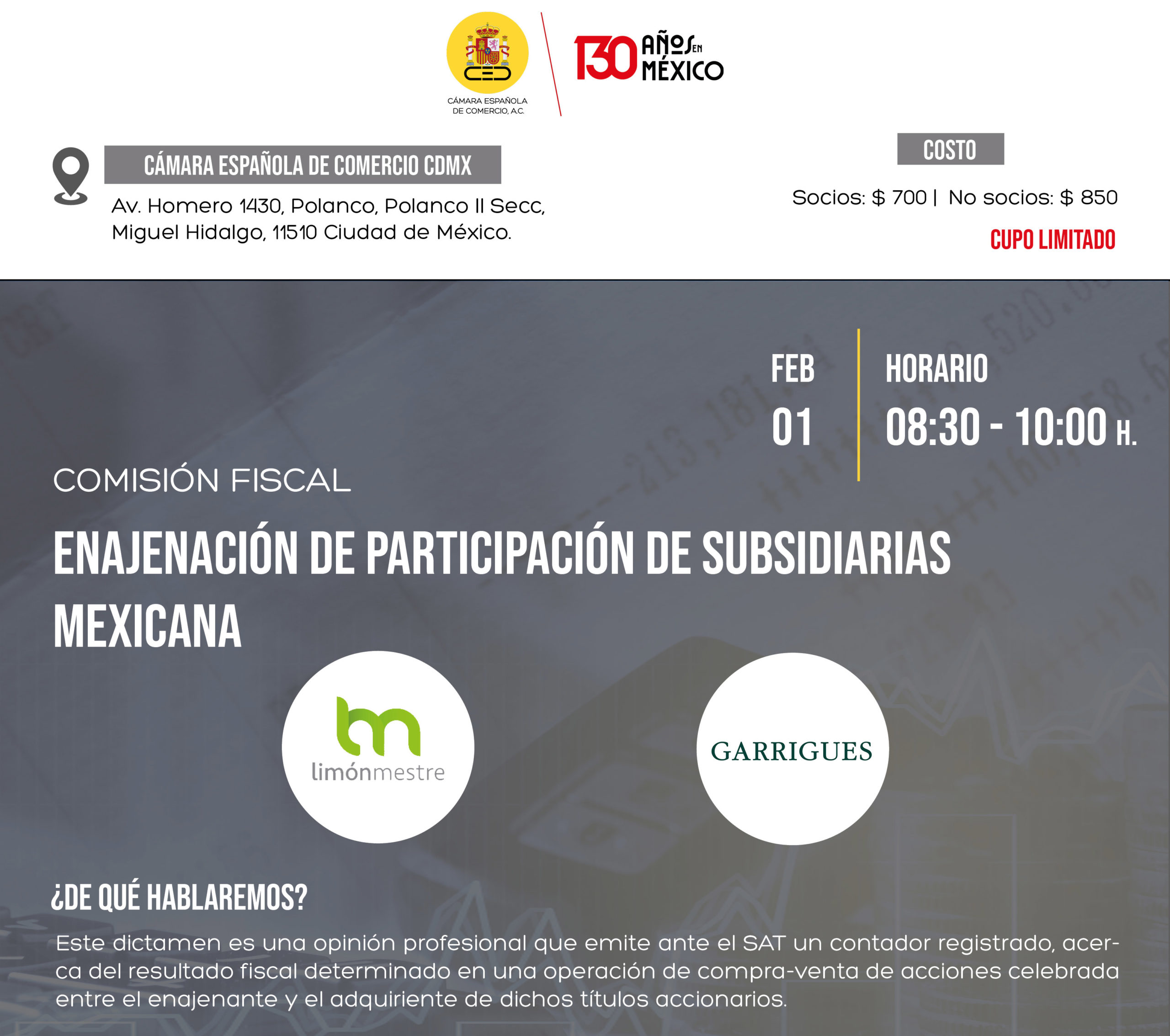 EVENTO PRESENCIAL | COMISIÓN FISCAL: ENAJENACIÓN DE PARTICIPACIÓN DE SUBSIDIARIAS MEXICANA